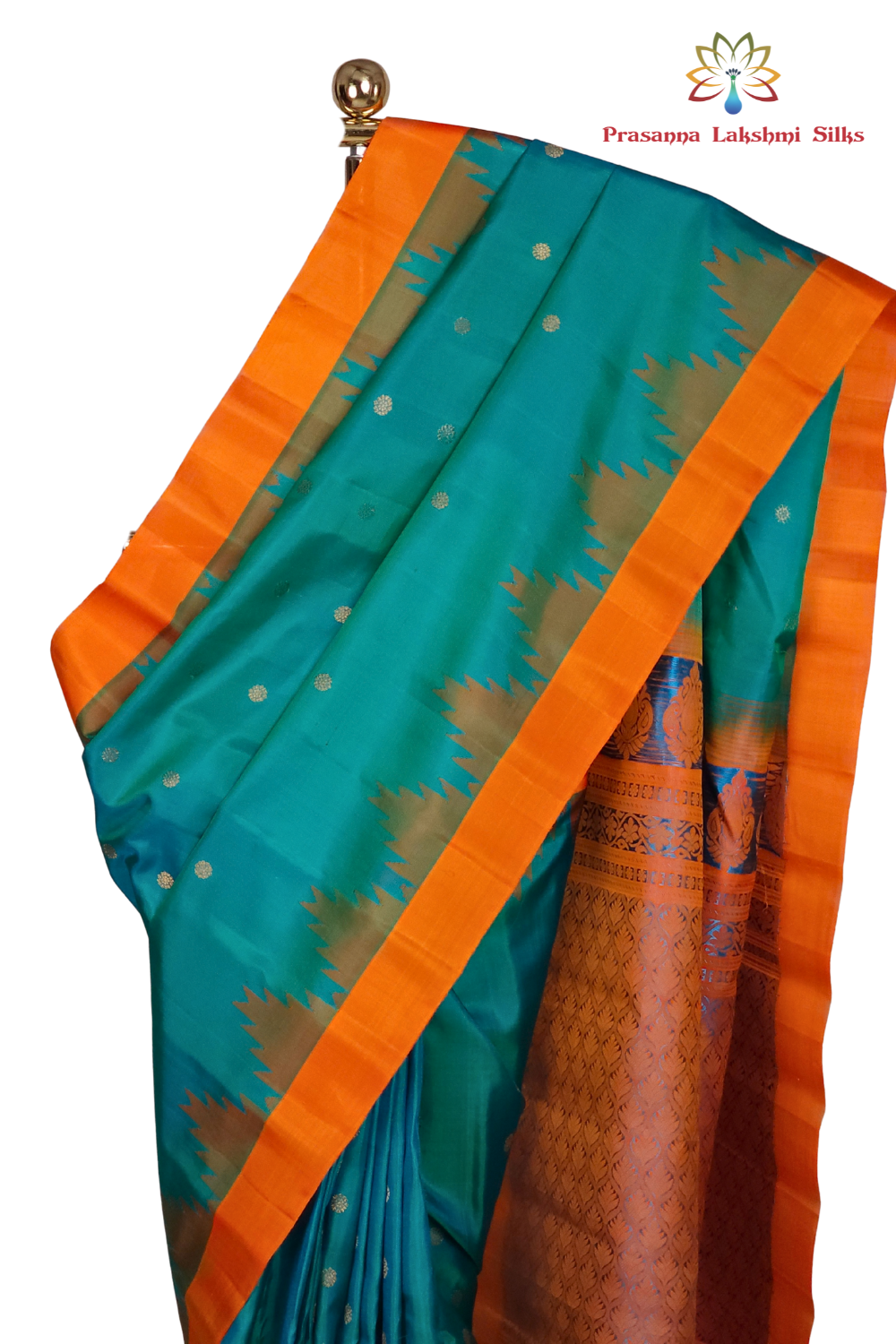 Pure Gadwal Silk Saree – Peacock Green & Orange