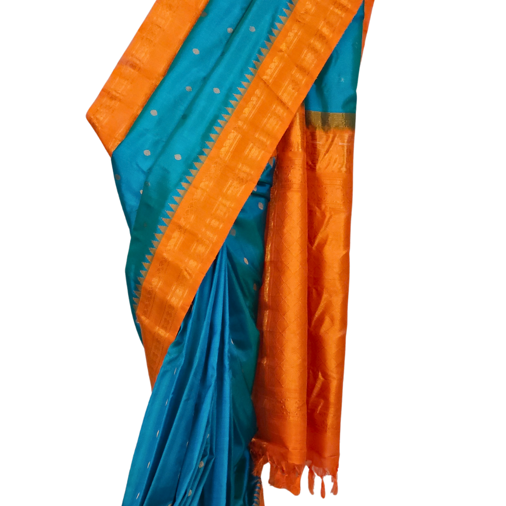 Pure Gadwal Silk Saree – Teal Blue & Orange