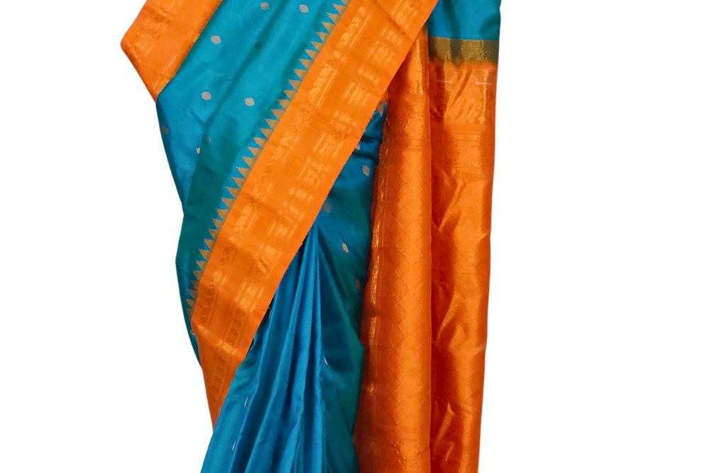 Pure Gadwal Silk Saree – Teal Blue & Orange