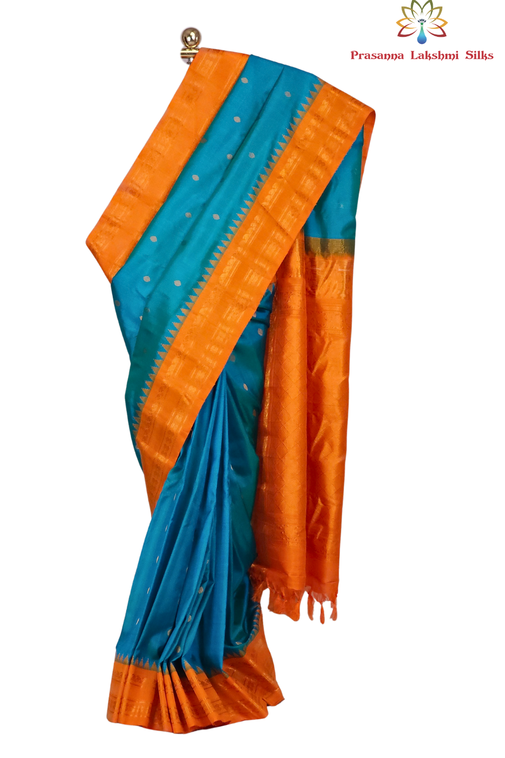 Pure Gadwal Silk Saree – Teal Blue & Orange