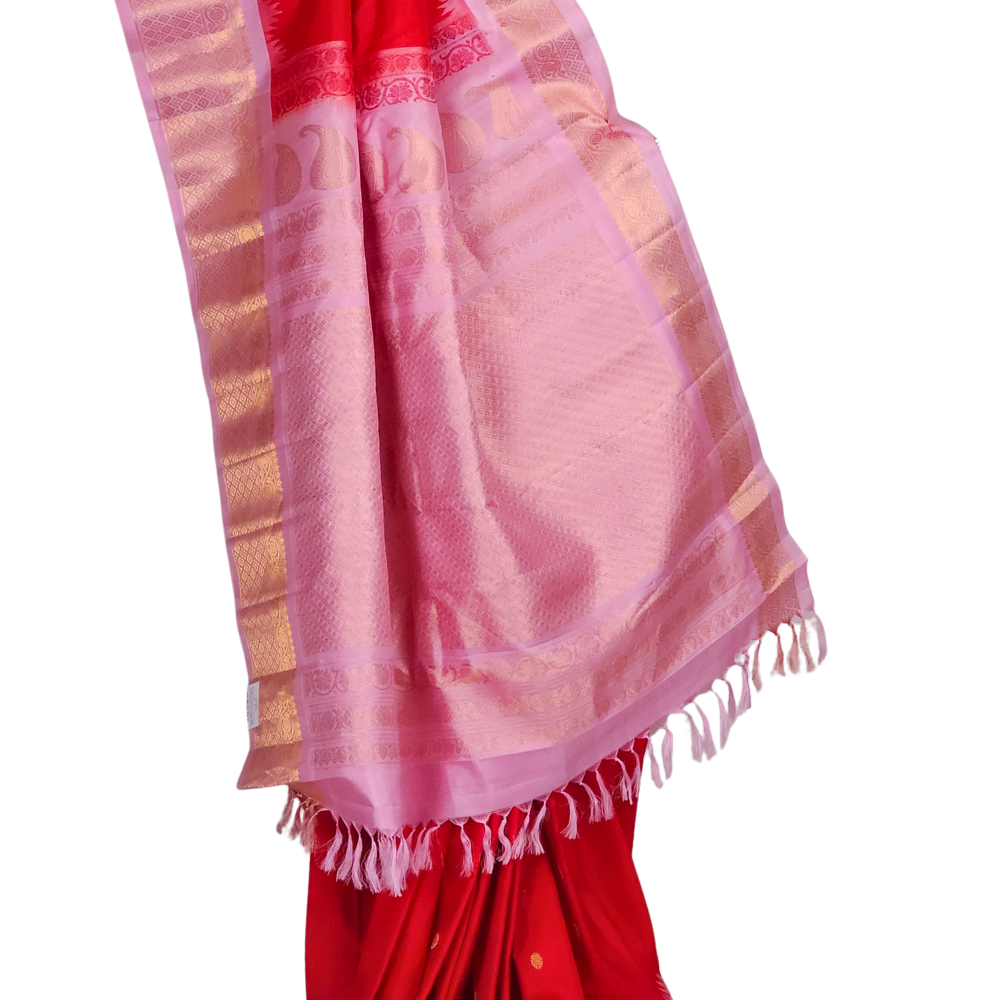 Pure Gadwal silk saree in classic red with baby pink blouse 
piece from Prasanna Lakshmi Silks
