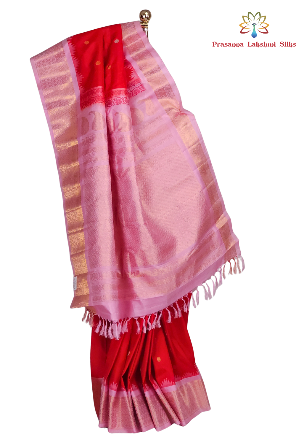 Pure Gadwal silk saree in classic red with baby pink blouse 
piece from Prasanna Lakshmi Silks