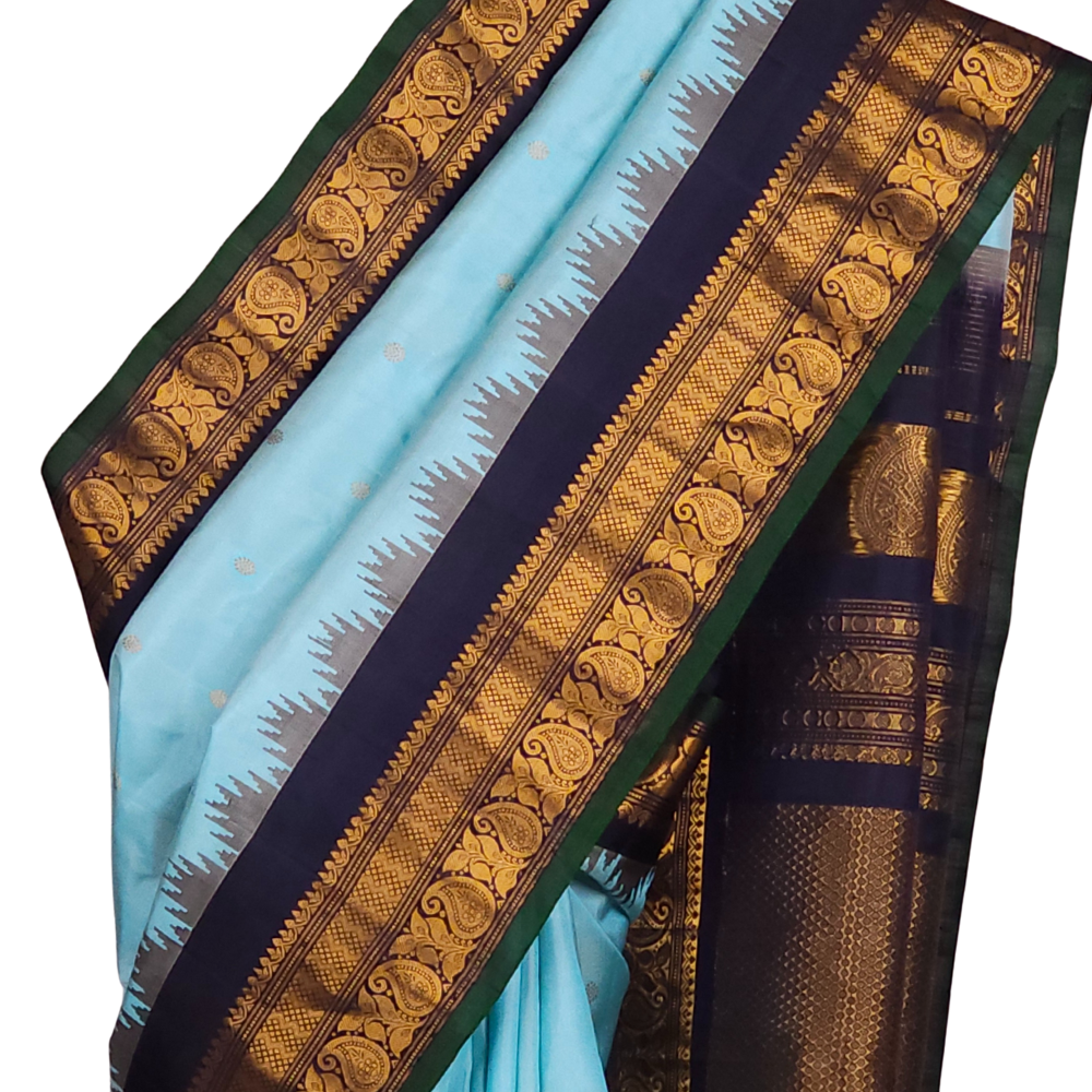 Pure Gadwal silk saree in sky blue with navy blue blouse 
piece from Prasanna Lakshmi Silks
