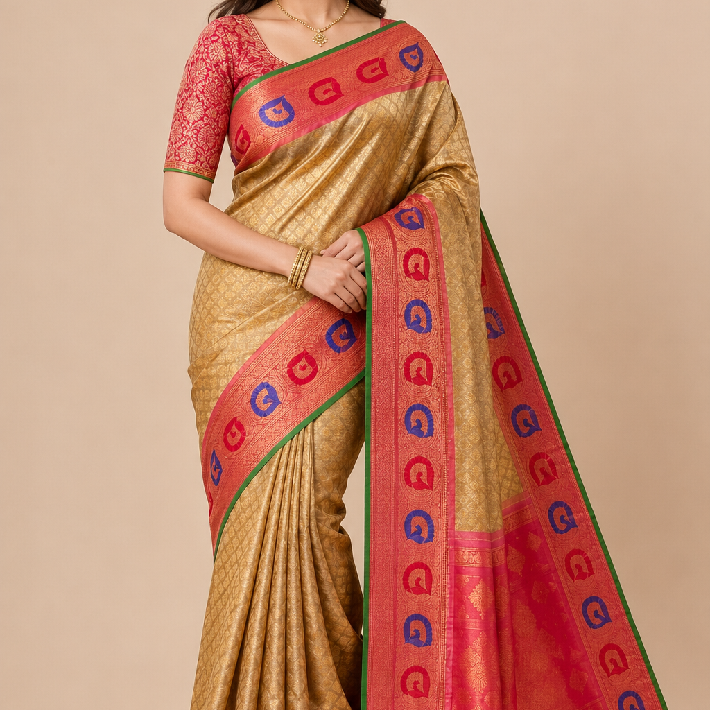 Pure Handloom Cream Gadwal Silk Saree