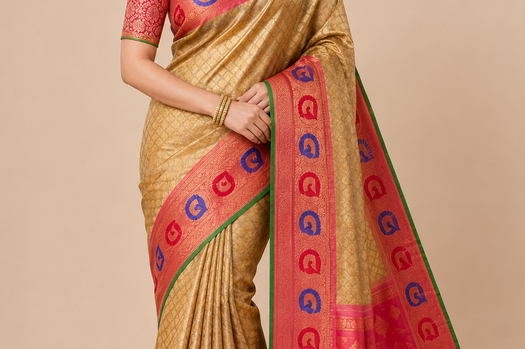 Pure Handloom Cream Gadwal Silk Saree