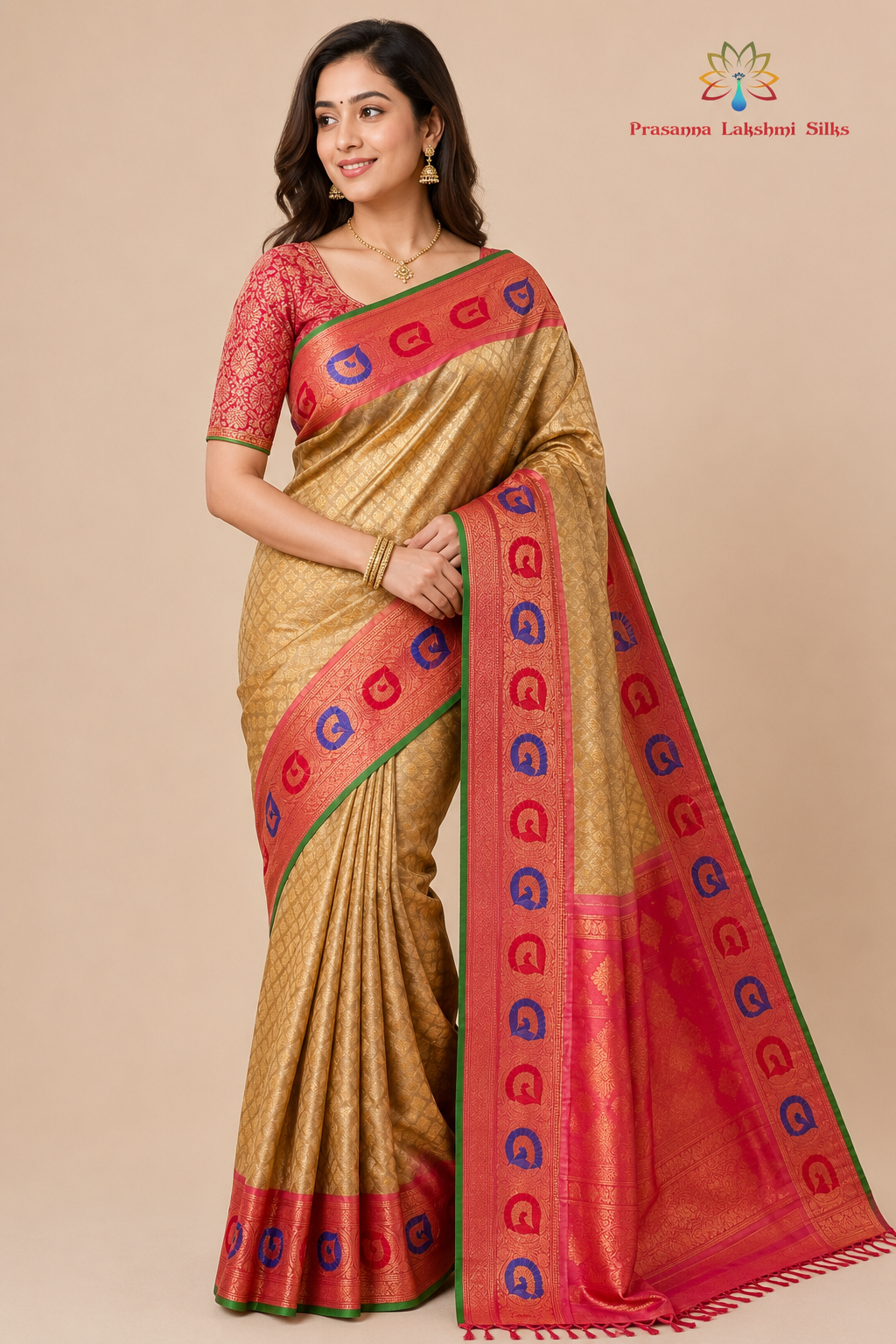 Cream Gadwal Silk Saree with Meena Pink Border