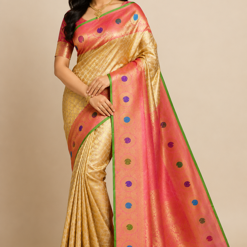Pure Handloom Cream Gadwal Silk Saree