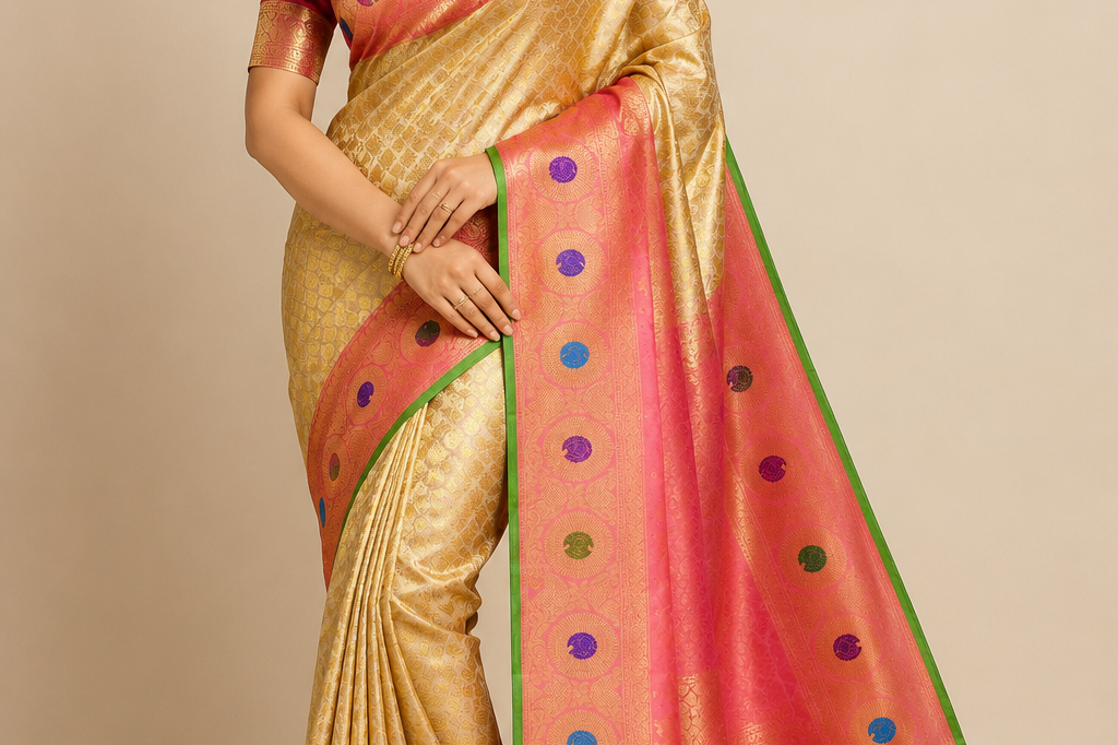 Pure Handloom Cream Gadwal Silk Saree
