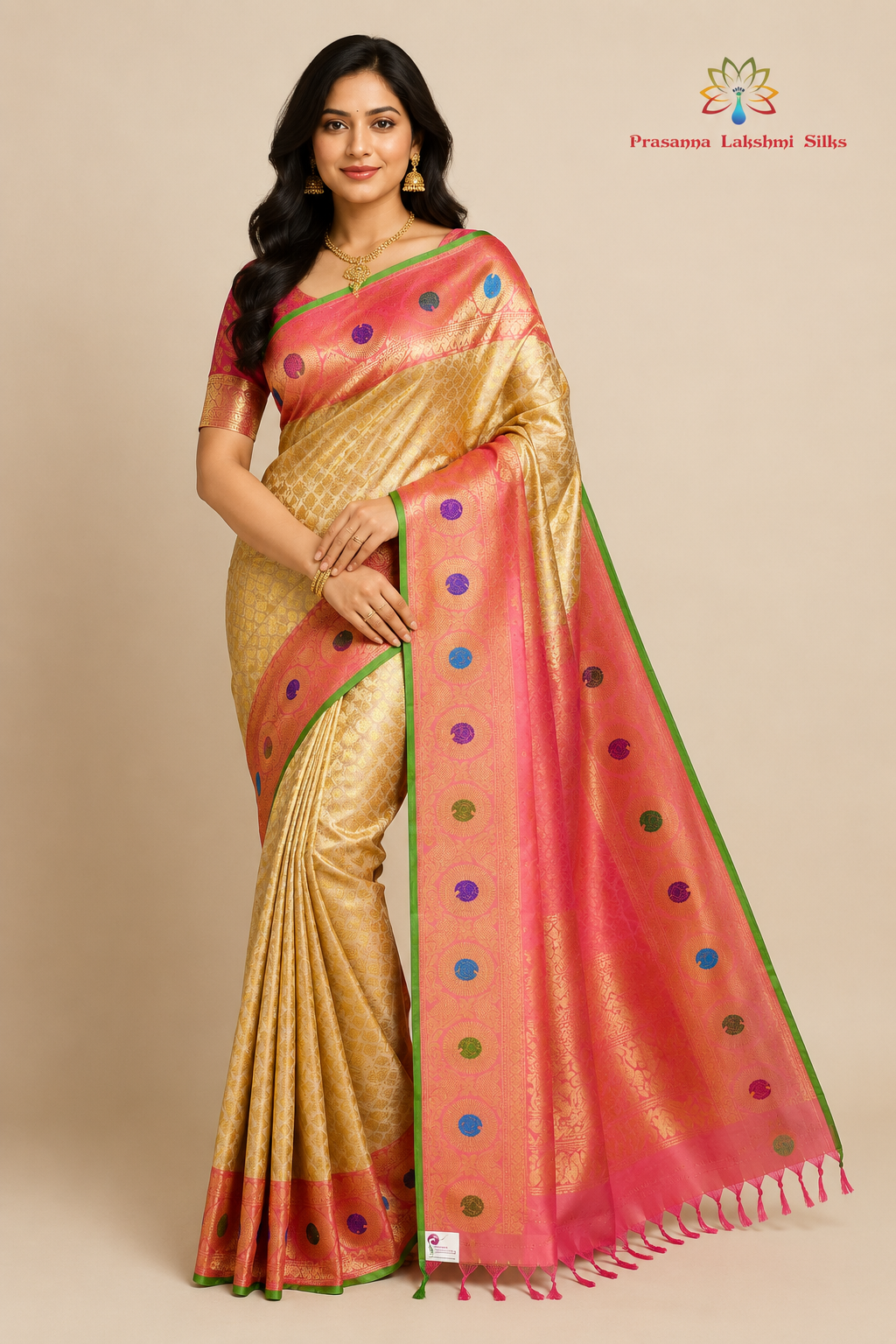 Pure Handloom Cream Gadwal Silk Saree