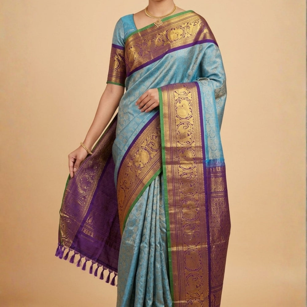 Pure Handloom Gadwal Silk Saree – Light Blue