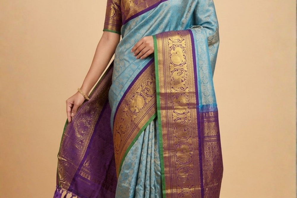 Pure Handloom Gadwal Silk Saree – Light Blue
