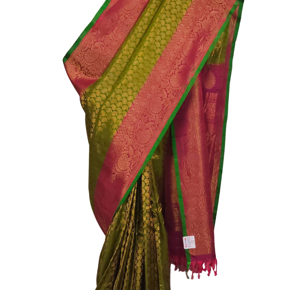 Pure Handloom Gadwal Silk Saree – Olive Green 