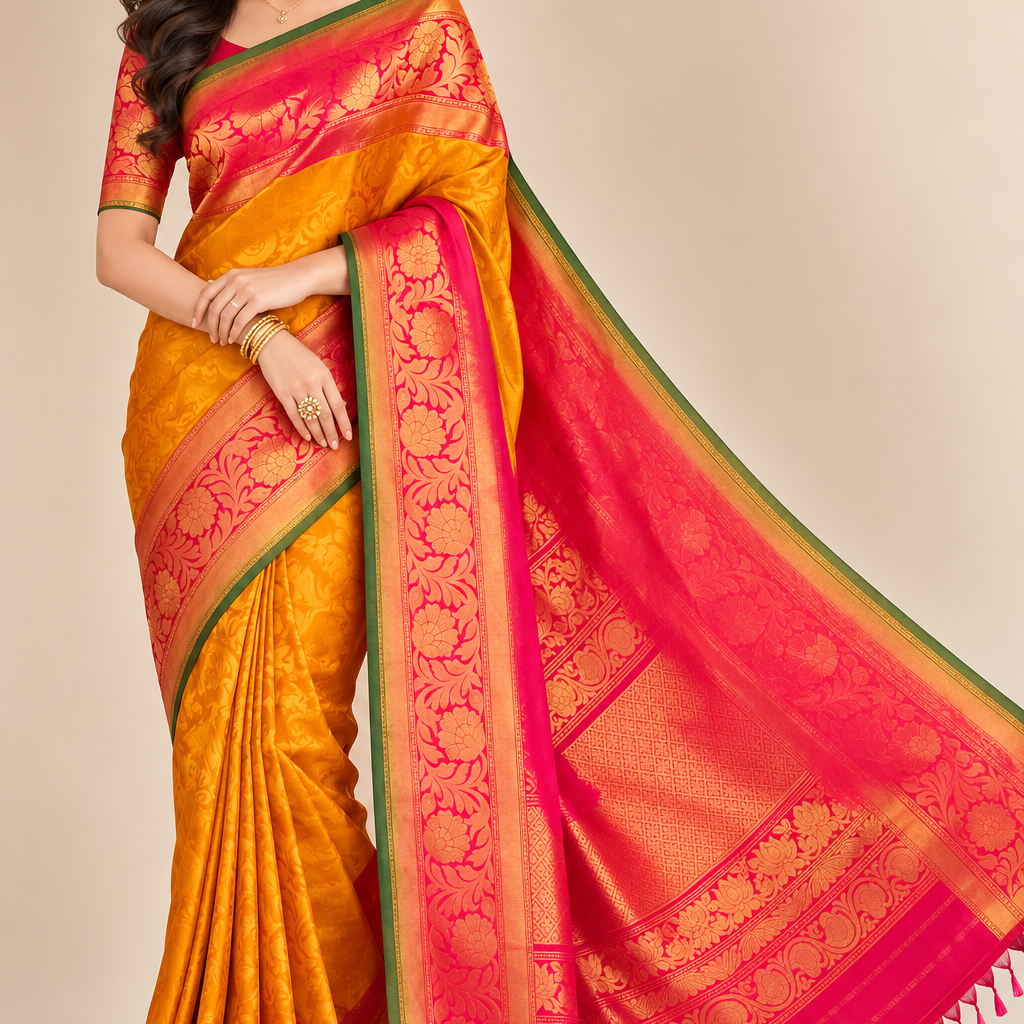 Pure Handloom Mango Yellow Gadwal Silk Saree