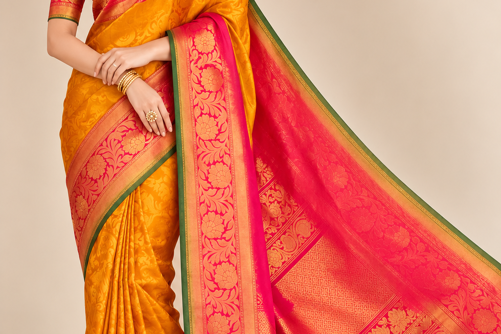 Pure Handloom Mango Yellow Gadwal Silk Saree