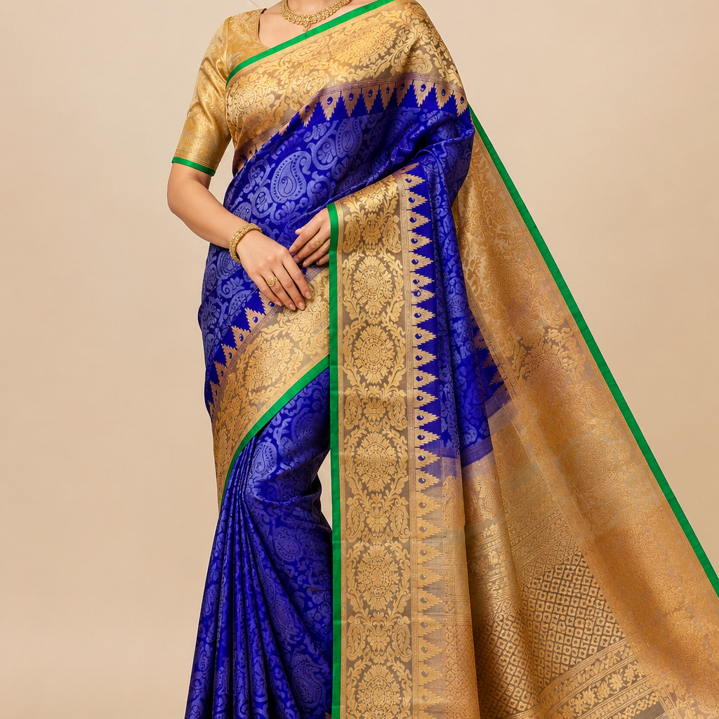 Pure Handloom Navy Blue Gadwal Silk Saree