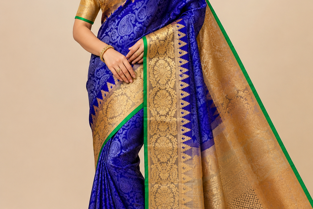 Pure Handloom Navy Blue Gadwal Silk Saree