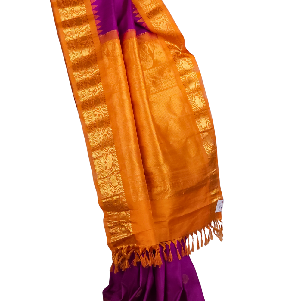 Purple Handloom Gadwal Pure Silk Saree with Light Orange zari woven border and rich brocade pallu

