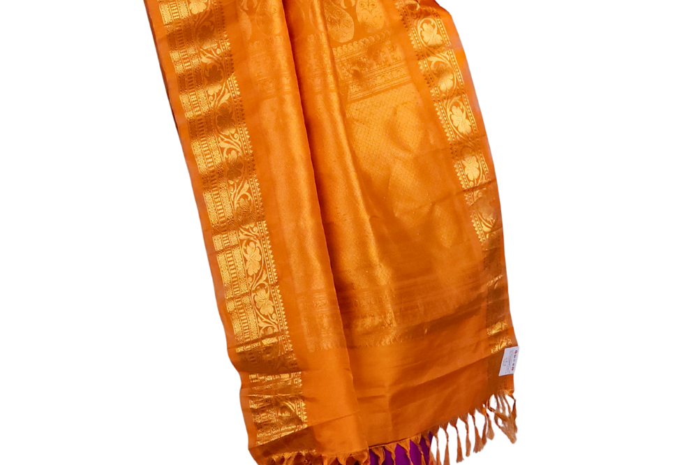 Purple Handloom Gadwal Pure Silk Saree with Light Orange zari woven border and rich brocade pallu


