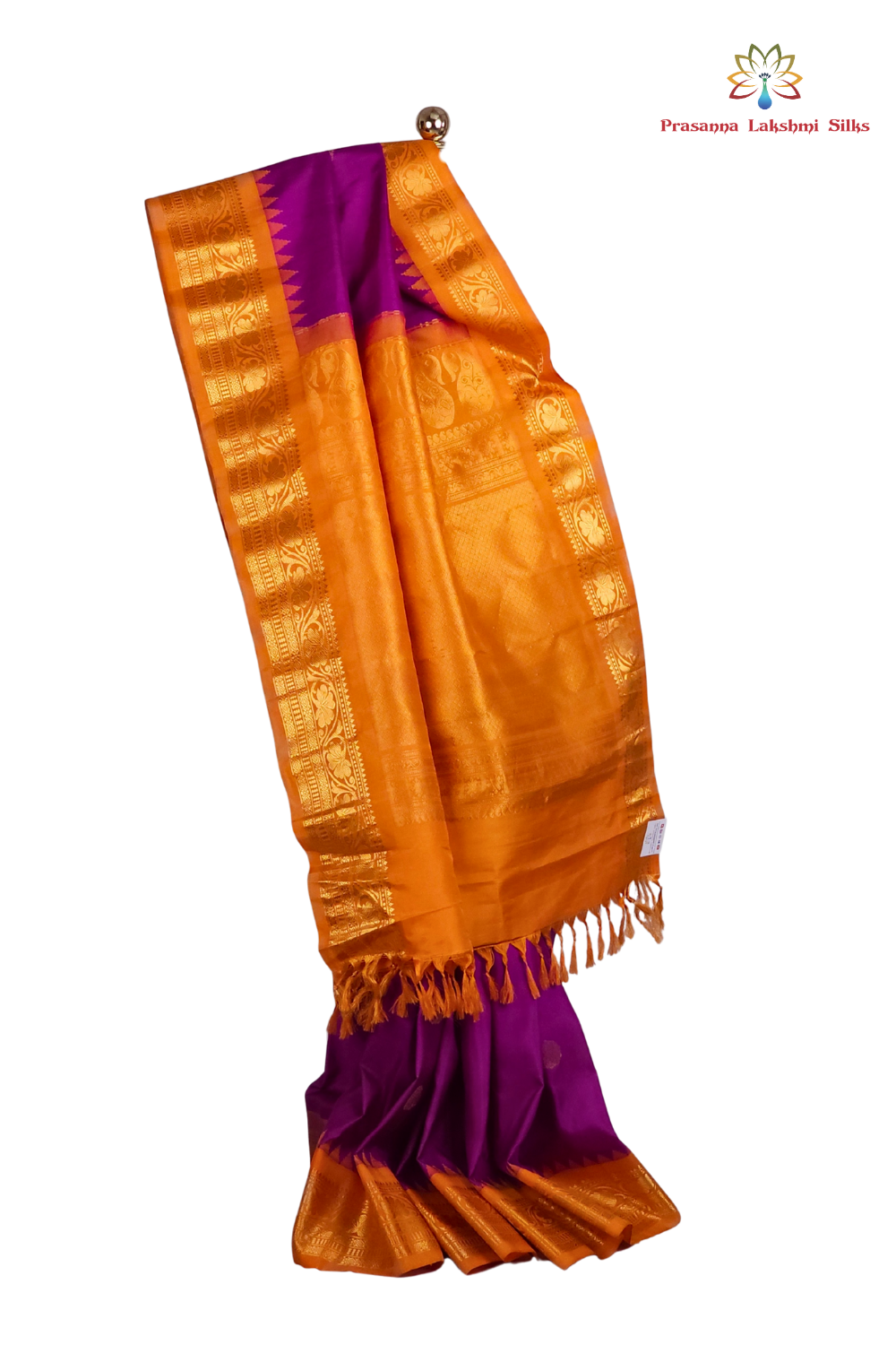 Purple Handloom Gadwal Pure Silk Saree with Light Orange zari woven border and rich brocade pallu

