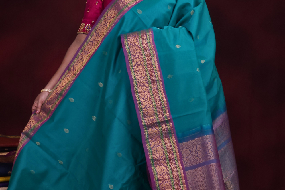 Rama Green Gadwal silk cotton saree with Dark Lilac zari-woven border