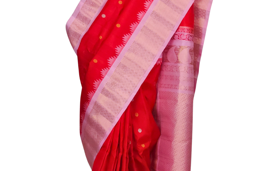 Red Handloom Pure Gadwal Silk Saree with baby pink zari 
border and rich brocade pallu