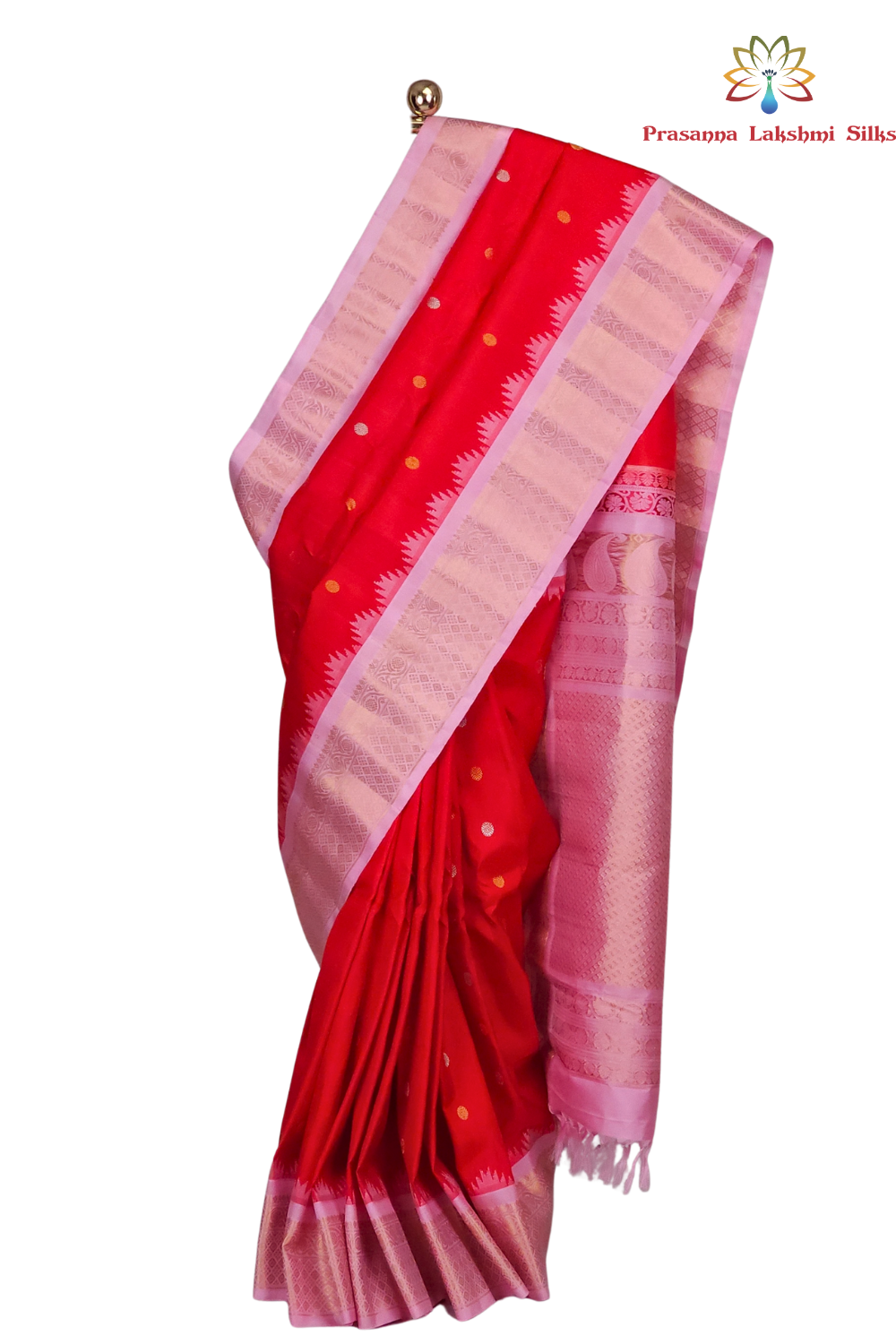 Red Handloom Pure Gadwal Silk Saree with baby pink zari 
border and rich brocade pallu