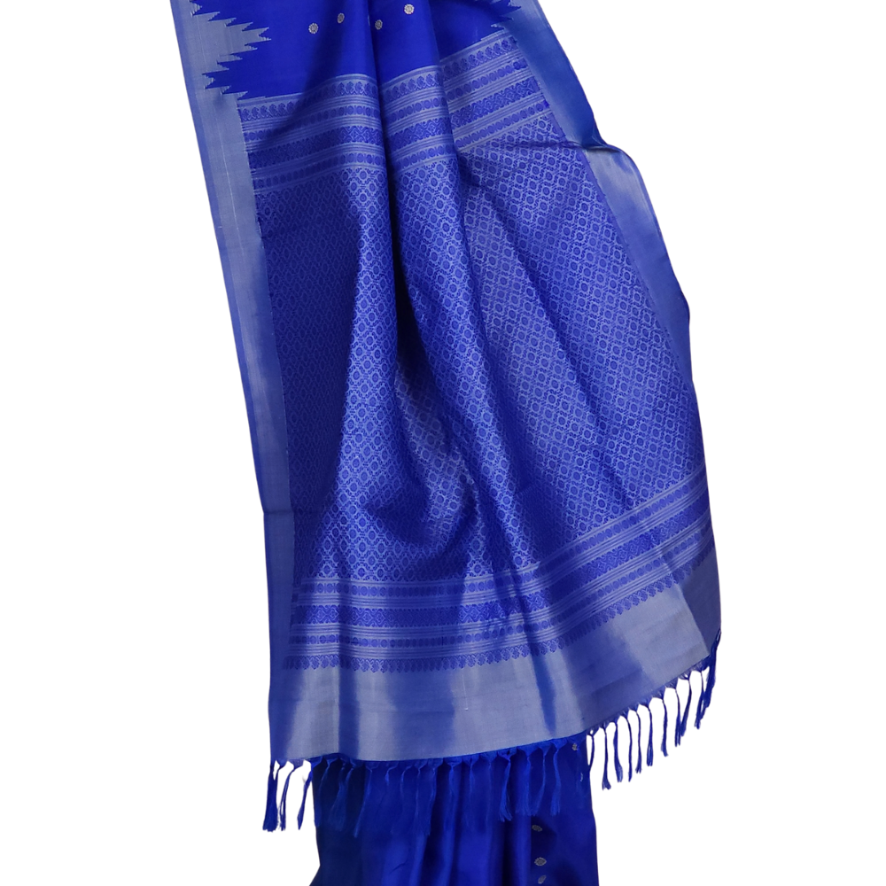 Royal Blue Handloom Gadwal Pure Silk Saree with light blue temple border and rich brocade pallu

