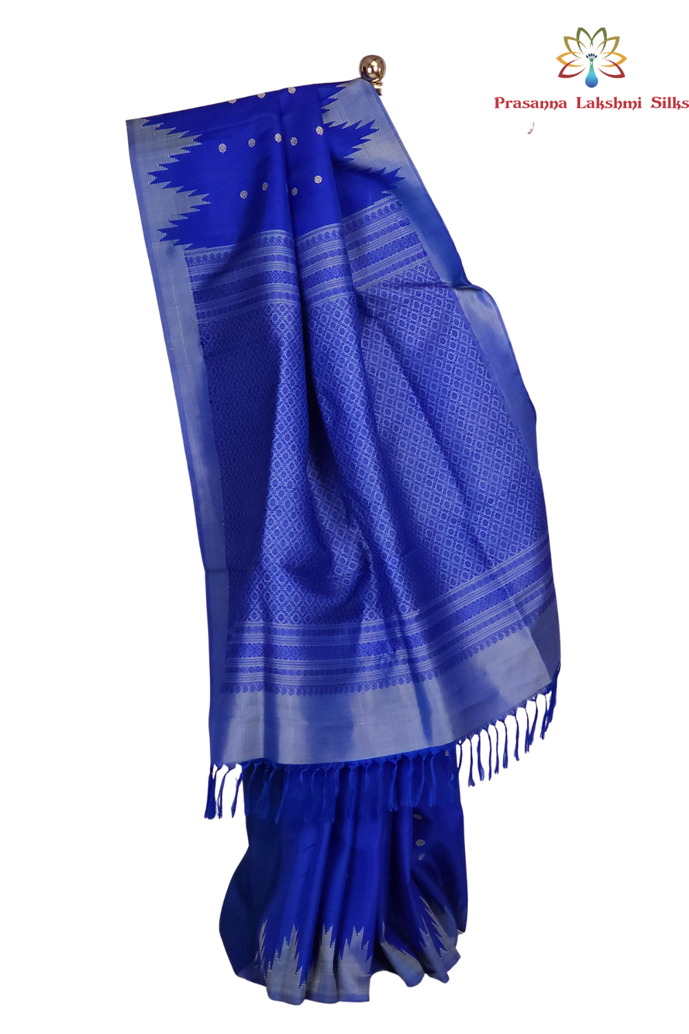 Royal Blue Handloom Gadwal Pure Silk Saree with light blue temple border and rich brocade pallu

