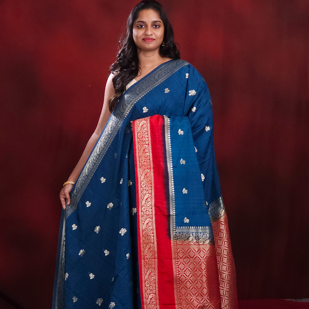  Semi dupion saree allover small floral zari woven motifs 
