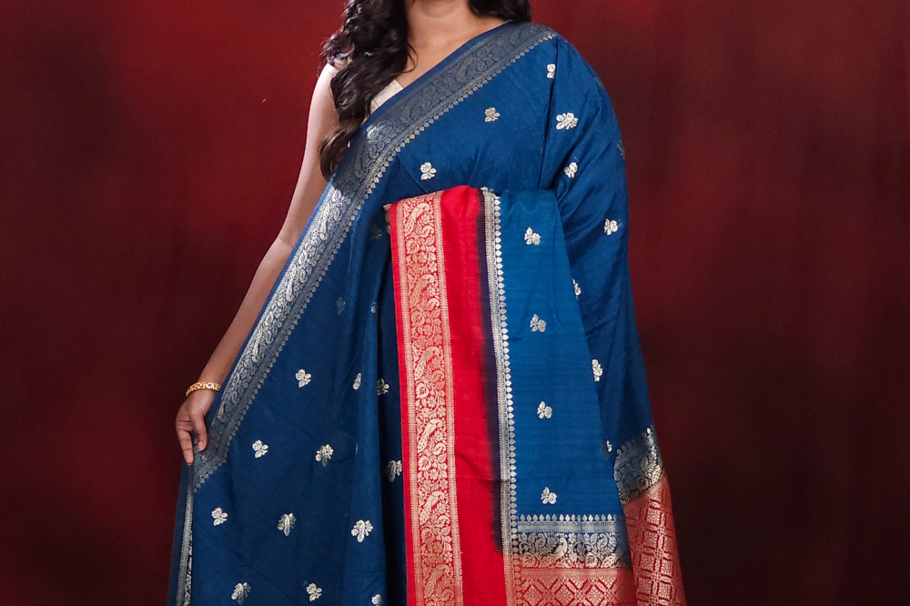  Semi dupion saree allover small floral zari woven motifs 