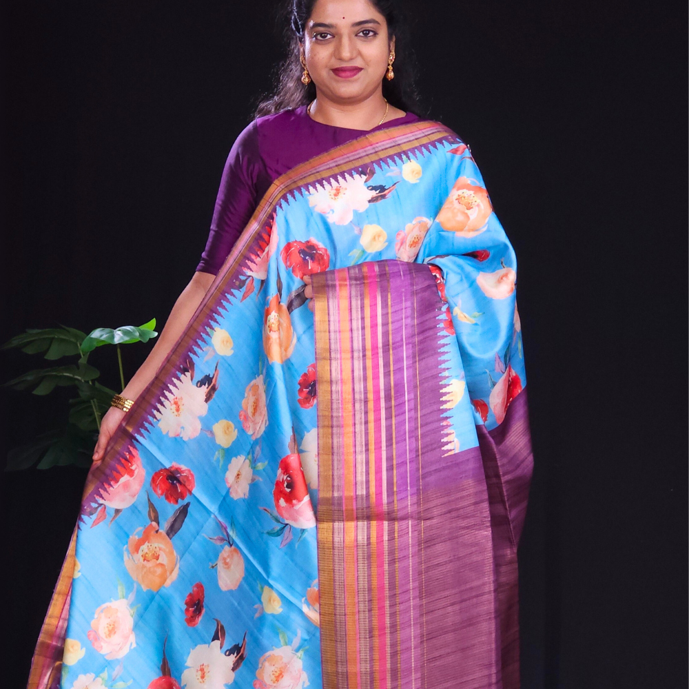 Light blue raw silk sareee with woven border