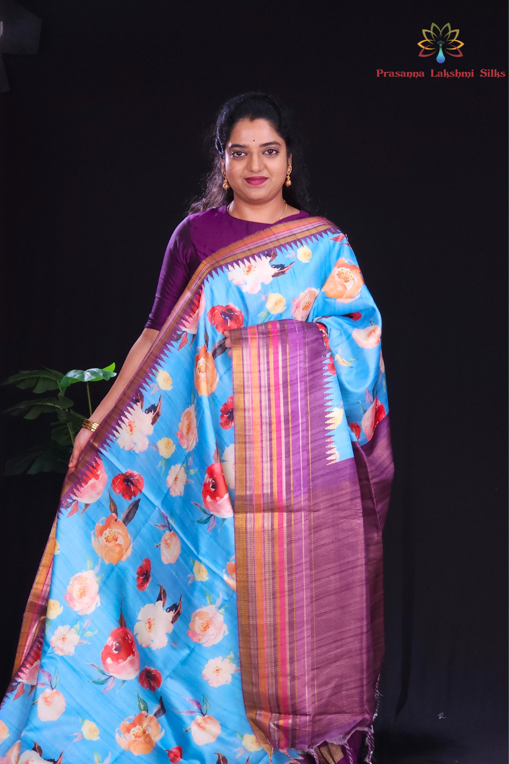 Light blue raw silk sareee with woven border