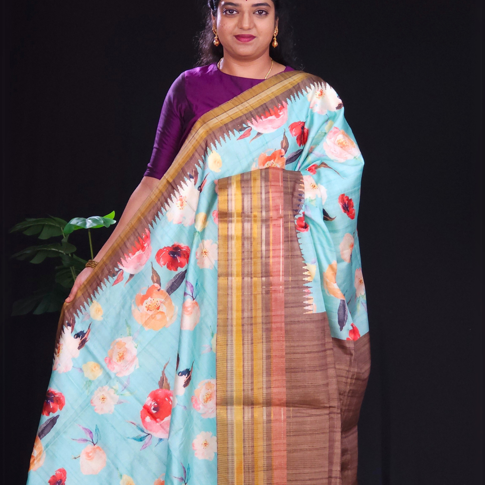 Sea foam green and brown raw silk sareee with woven border