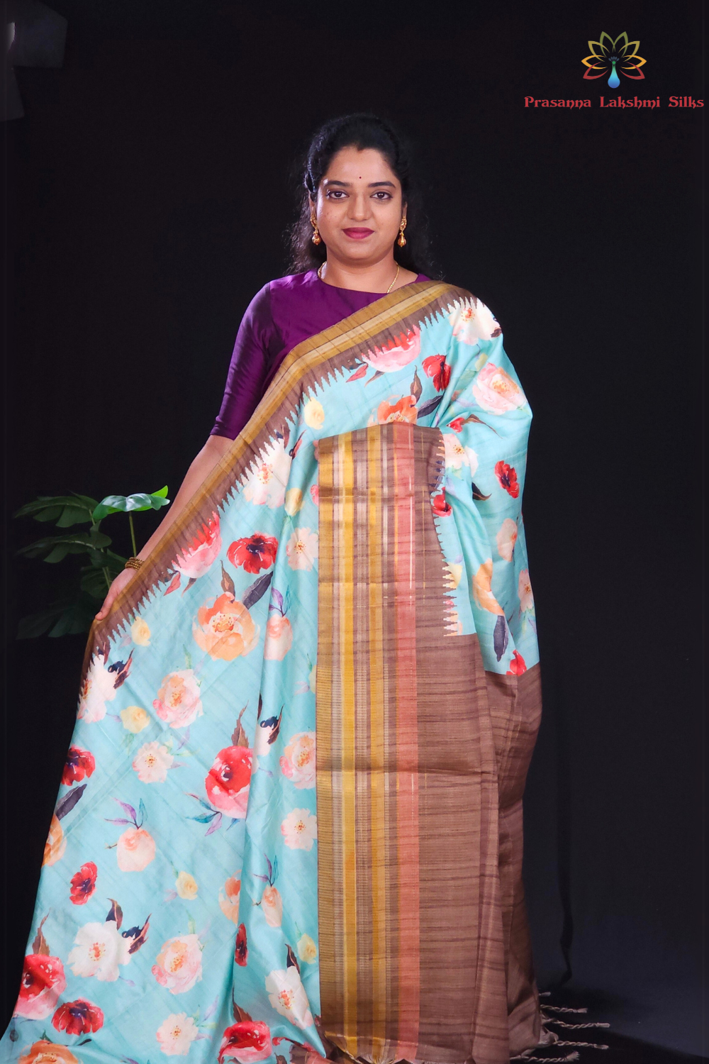 Sea foam green and brown raw silk sareee with woven border