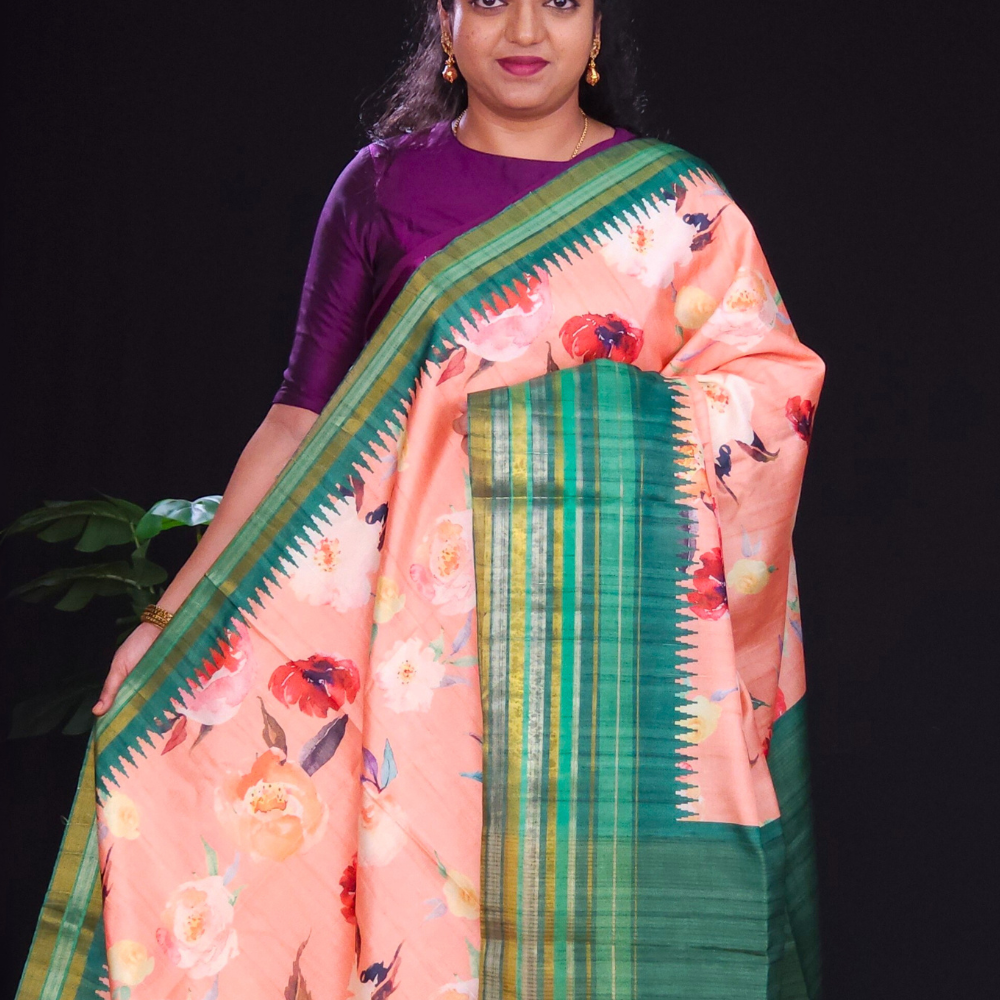 Dark Peach and Green raw silk sareee with woven border