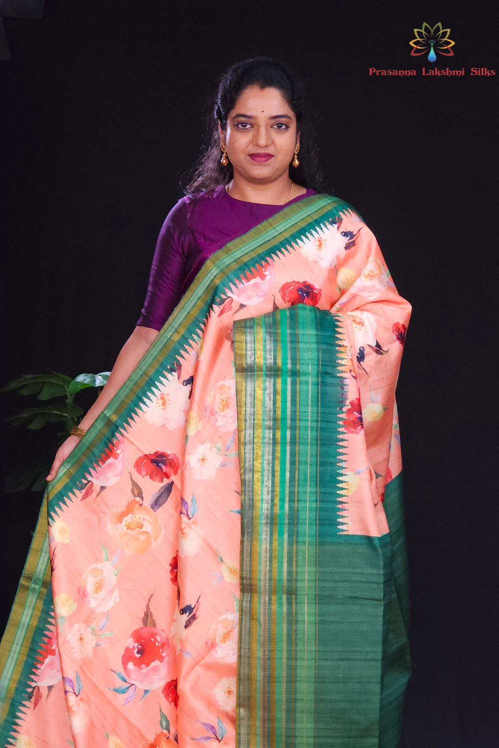 Dark Peach and Green raw silk sareee with woven border