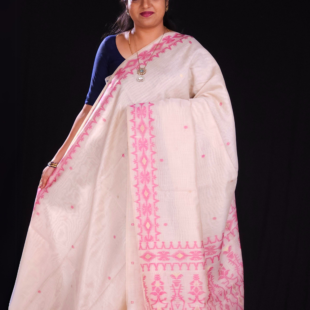 beige and pink Classic Chanderi silk cotton saree with ethnic prints