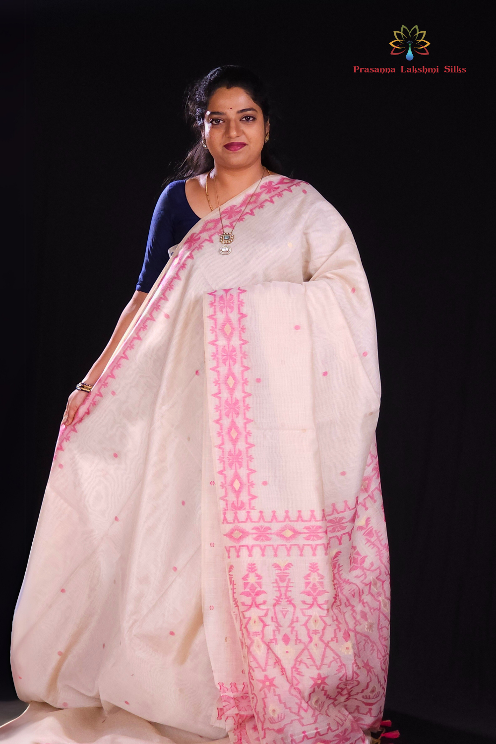 beige and pink Classic Chanderi silk cotton saree with ethnic prints