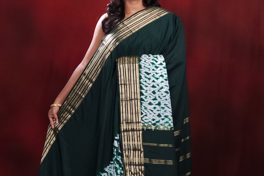 Semi Mysore Silk Saree With half and half shibori print 