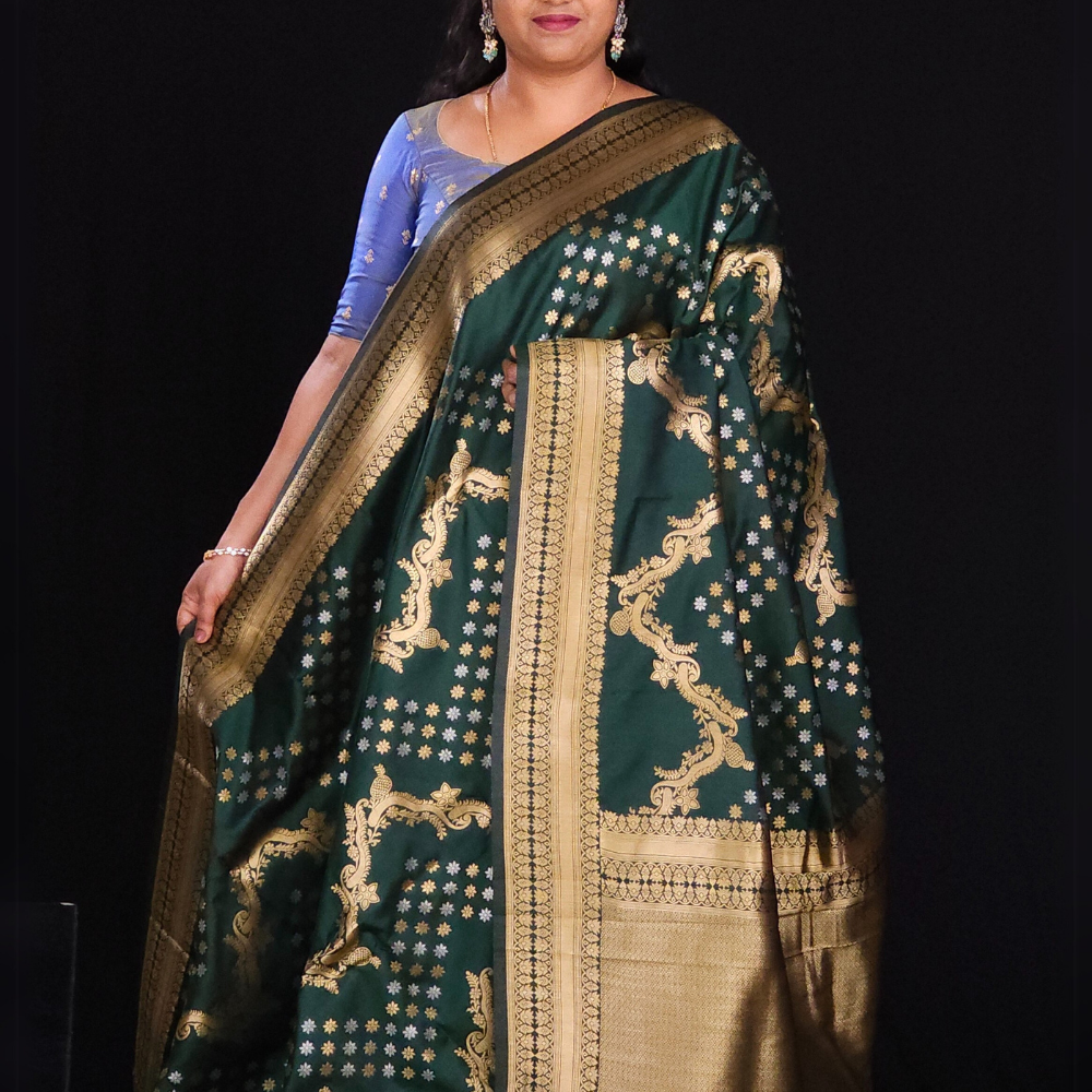 Dark Green"semi Banaras saree with Zari border"
