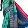 Sea green Gadwal silk saree featuring intricate zari motifs and a unique teal blue and pink Ganga Jamuna rich zari border, draped elegantly to showcase the full color contrast.