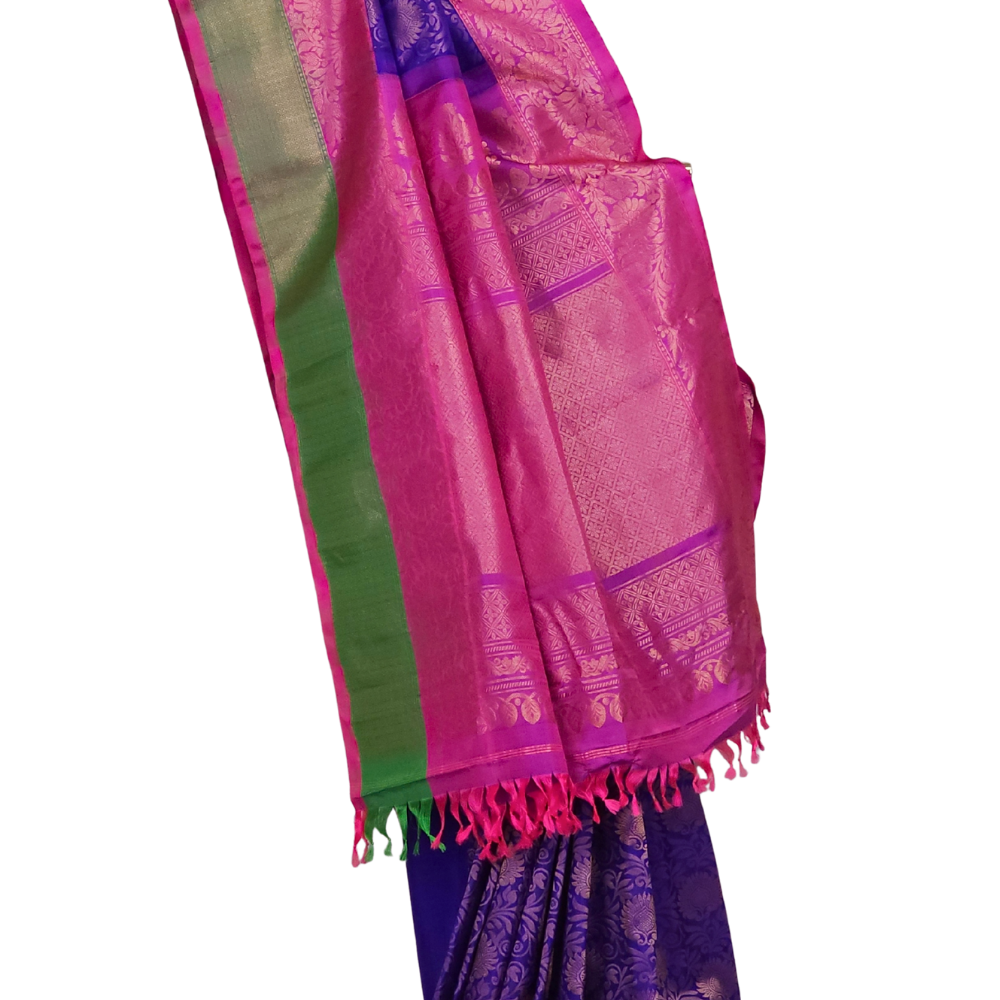 Silk Mark certified Blue Gadwal silk saree with intricate all-over zari brocade design

