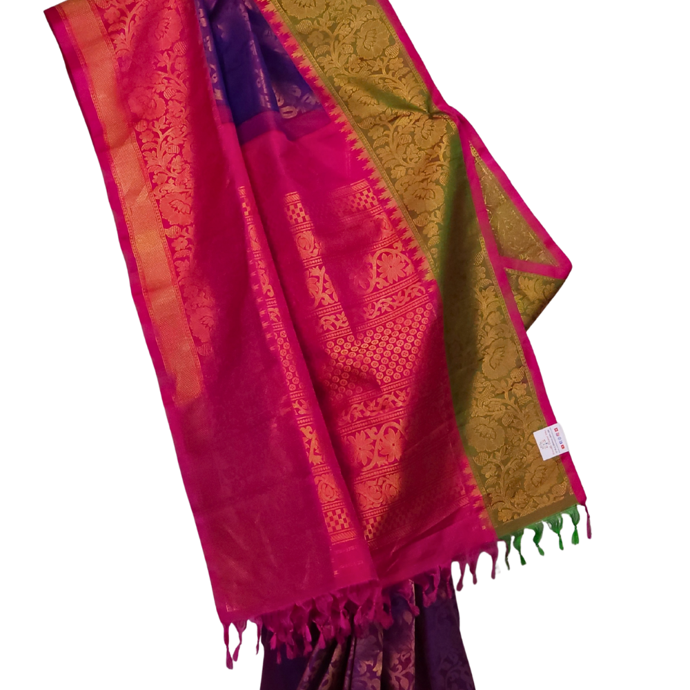 Silk Mark certified Blue Red Gadwal silk saree with intricate all-over zari brocade design

