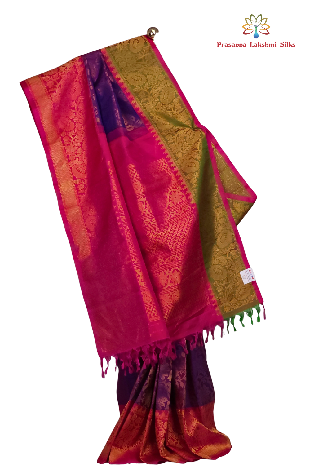 Silk Mark certified Blue Red Gadwal silk saree with intricate all-over zari brocade design

