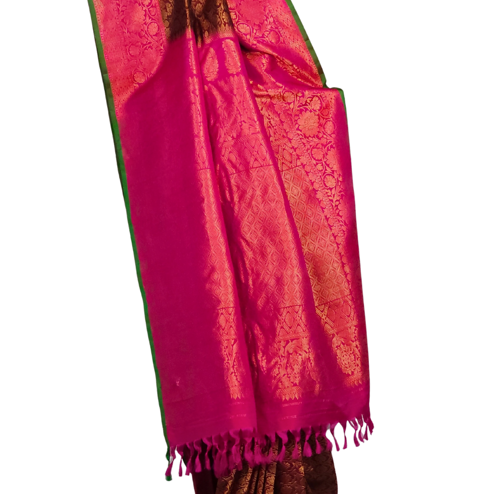 Silk Mark certified Chocolate Brown Gadwal silk saree with intricate all-over zari brocade design

