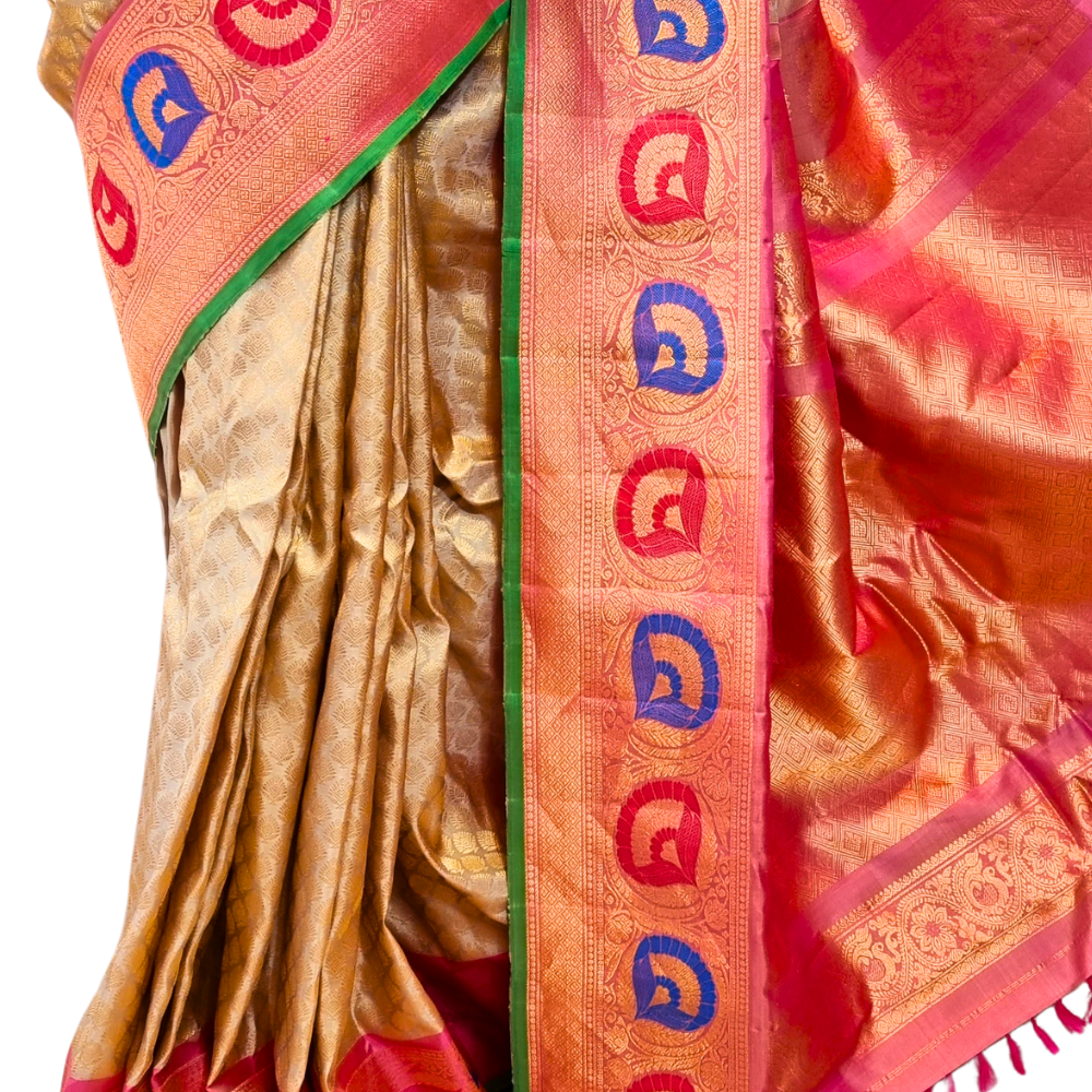 Silk Mark certified Cream Gadwal silk saree with intricate all-over zari brocade design and Meena borders

