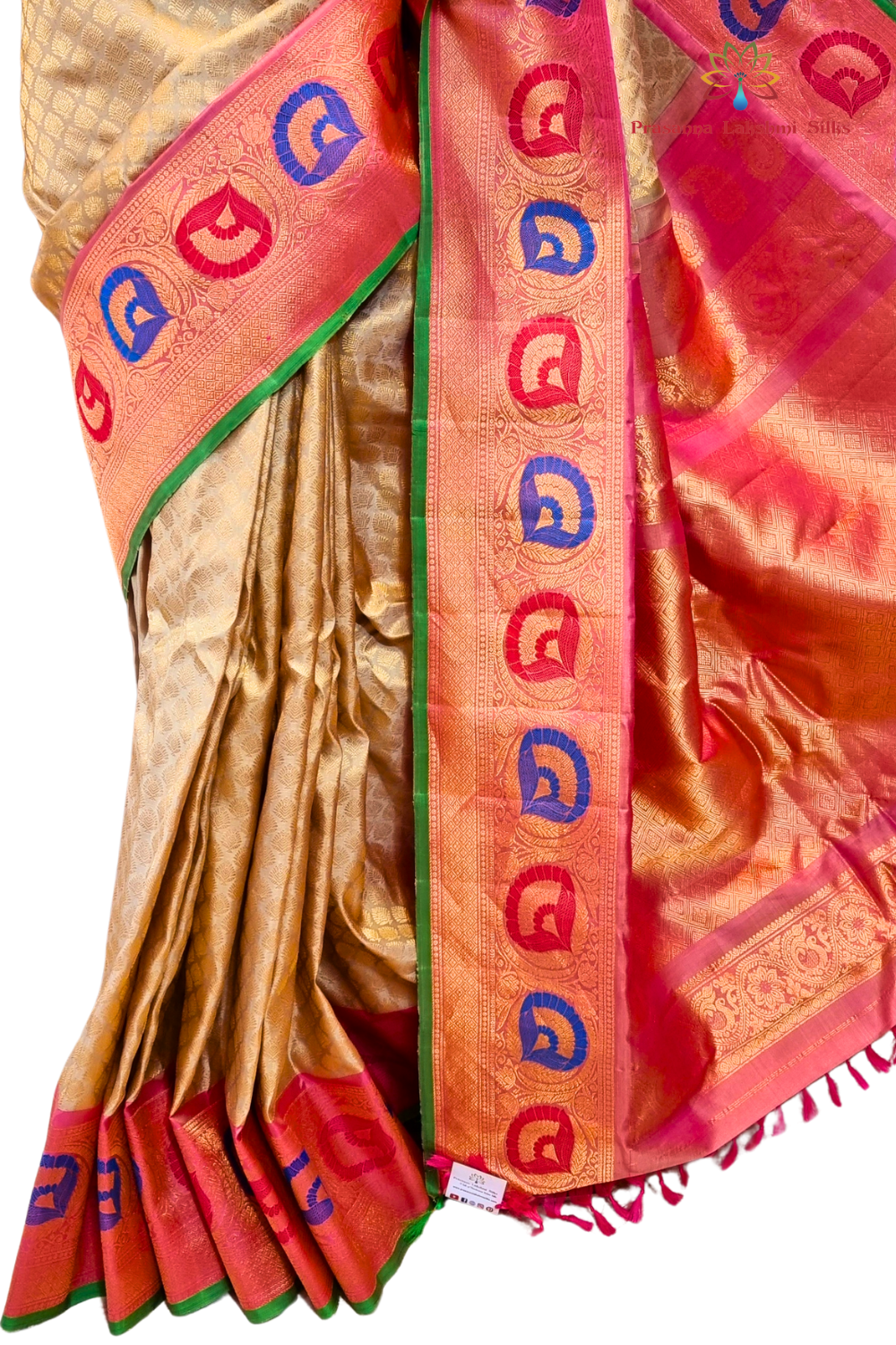 Silk Mark certified Cream Gadwal silk saree with intricate all-over zari brocade design and Meena borders

