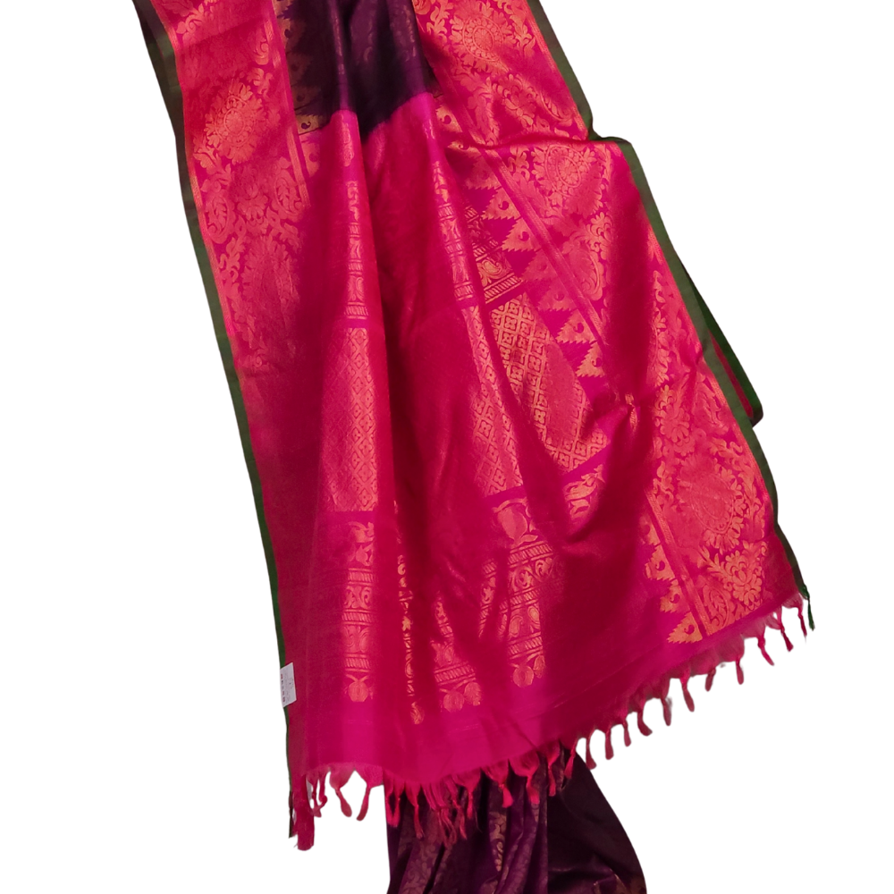 Silk Mark certified Deep Purple Gadwal silk saree with intricate all-over zari brocade design

