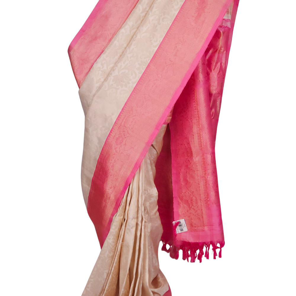 Silk Mark certified Gadwal silk saree draped on model, showing rich zari brocade pallu and baby pink blouse
