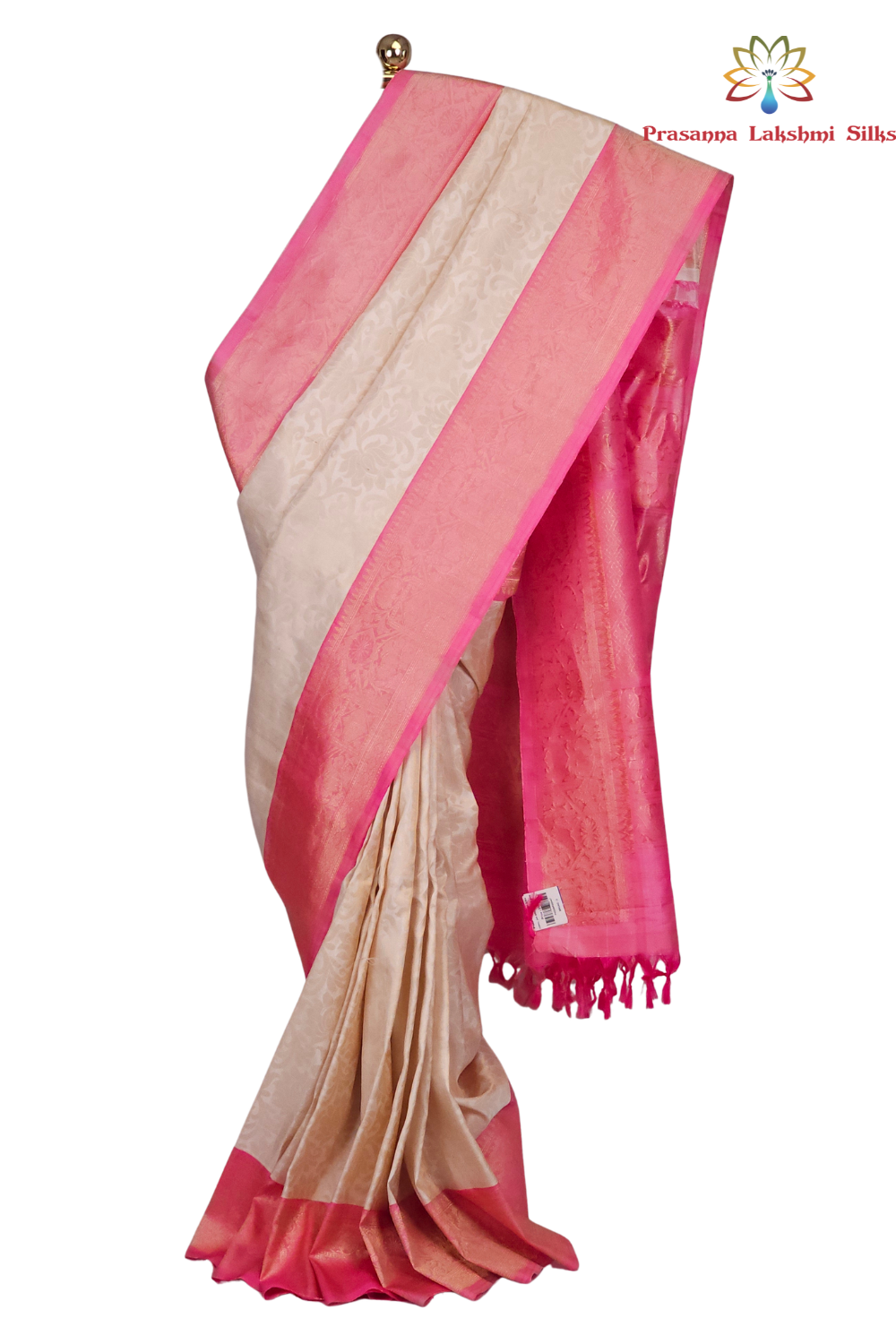 Silk Mark certified Gadwal silk saree draped on model, showing rich zari brocade pallu and baby pink blouse
